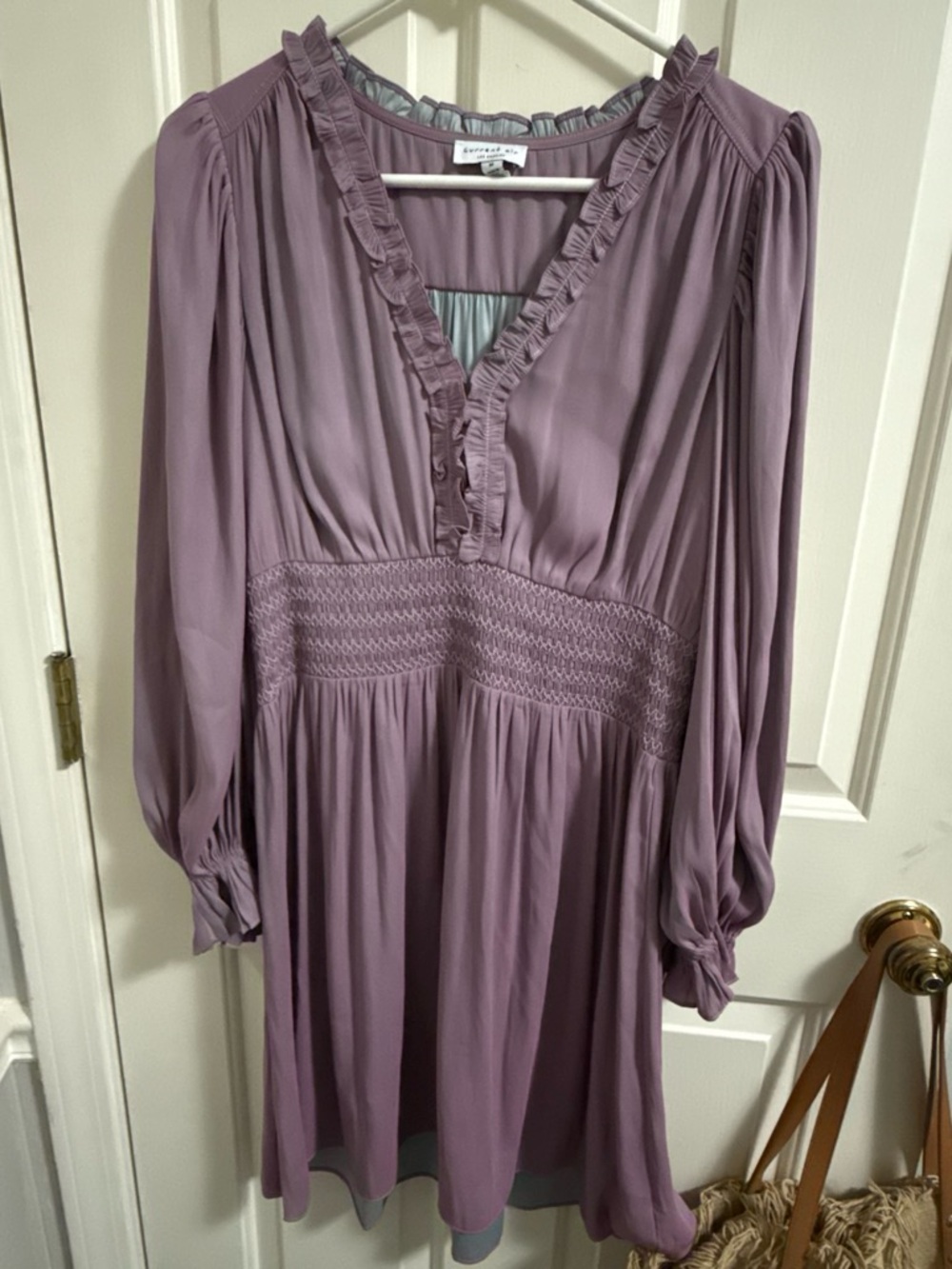 Smocked Waist Ruffle V-Neck Long Sleeve Dress - Lavender with subtle metallic